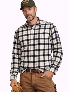 Filson Cream and Black Plaid Button-Down Flannel Shirt